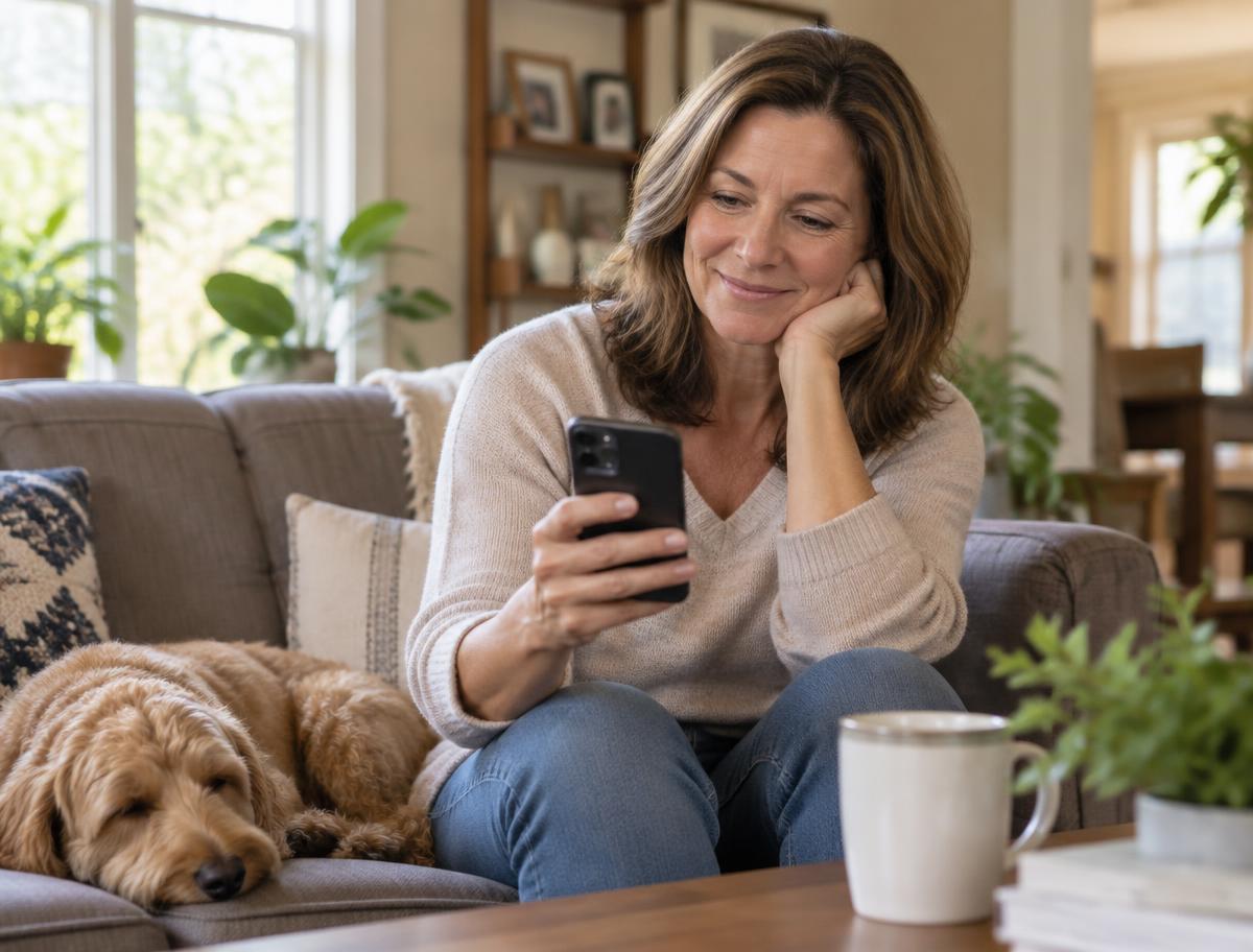 An adult daughter smiling as she reads an update on her phone