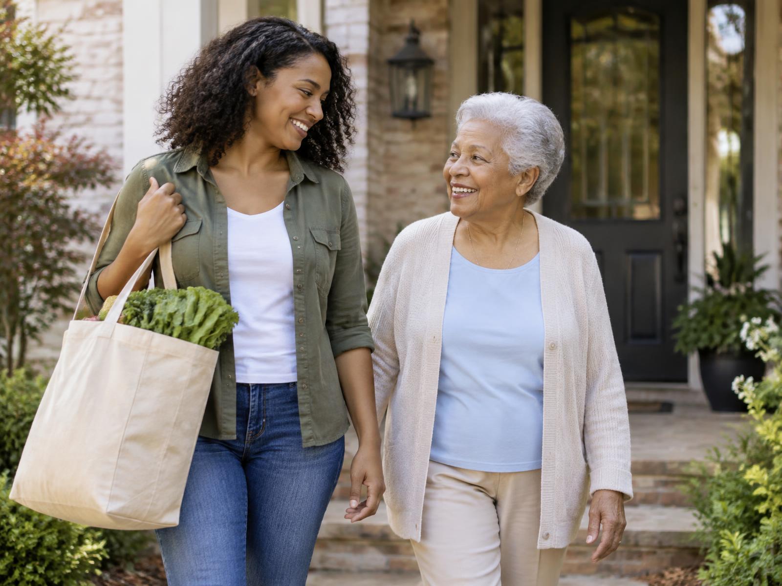 A friendly helper carrying groceries beside a smiling older woman on her front porch
